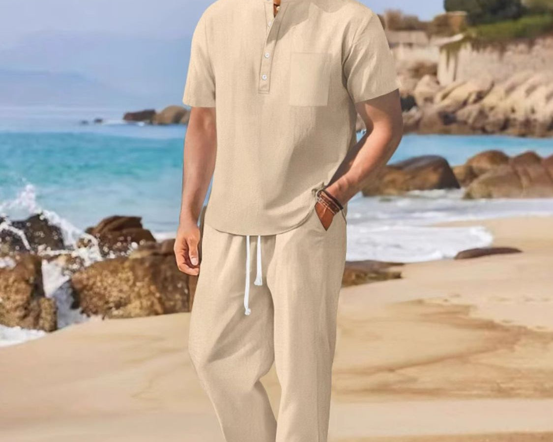 NEWYORKLISTED ATLAS MEN"S COLLECTION Half Button Top and Drawstring Pants Set - Beige