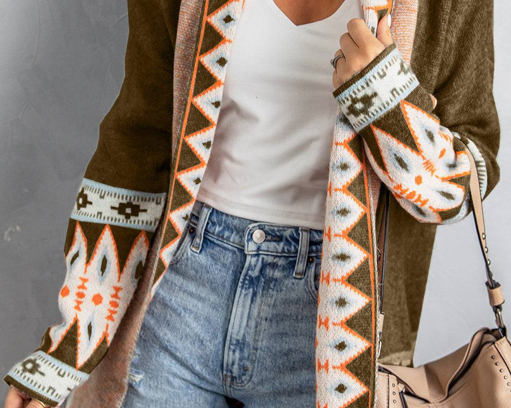 Geometric Open Front Long Sleeve Cardigan - NEWYORKLISTED