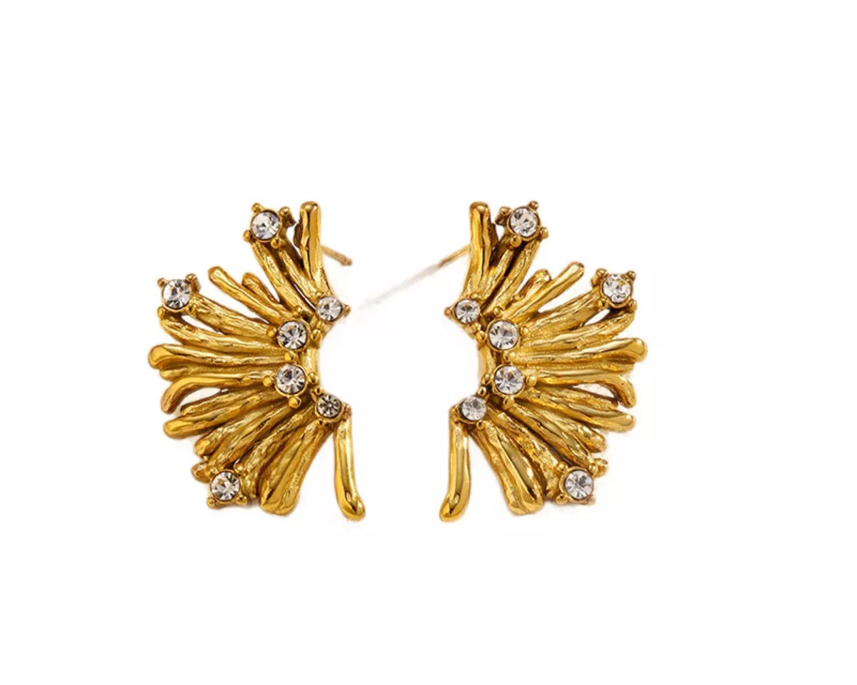 NYLD Glamour Collection by NEWYORKLISTED: Gold leaf-shaped earrings with embedded stones on a white background