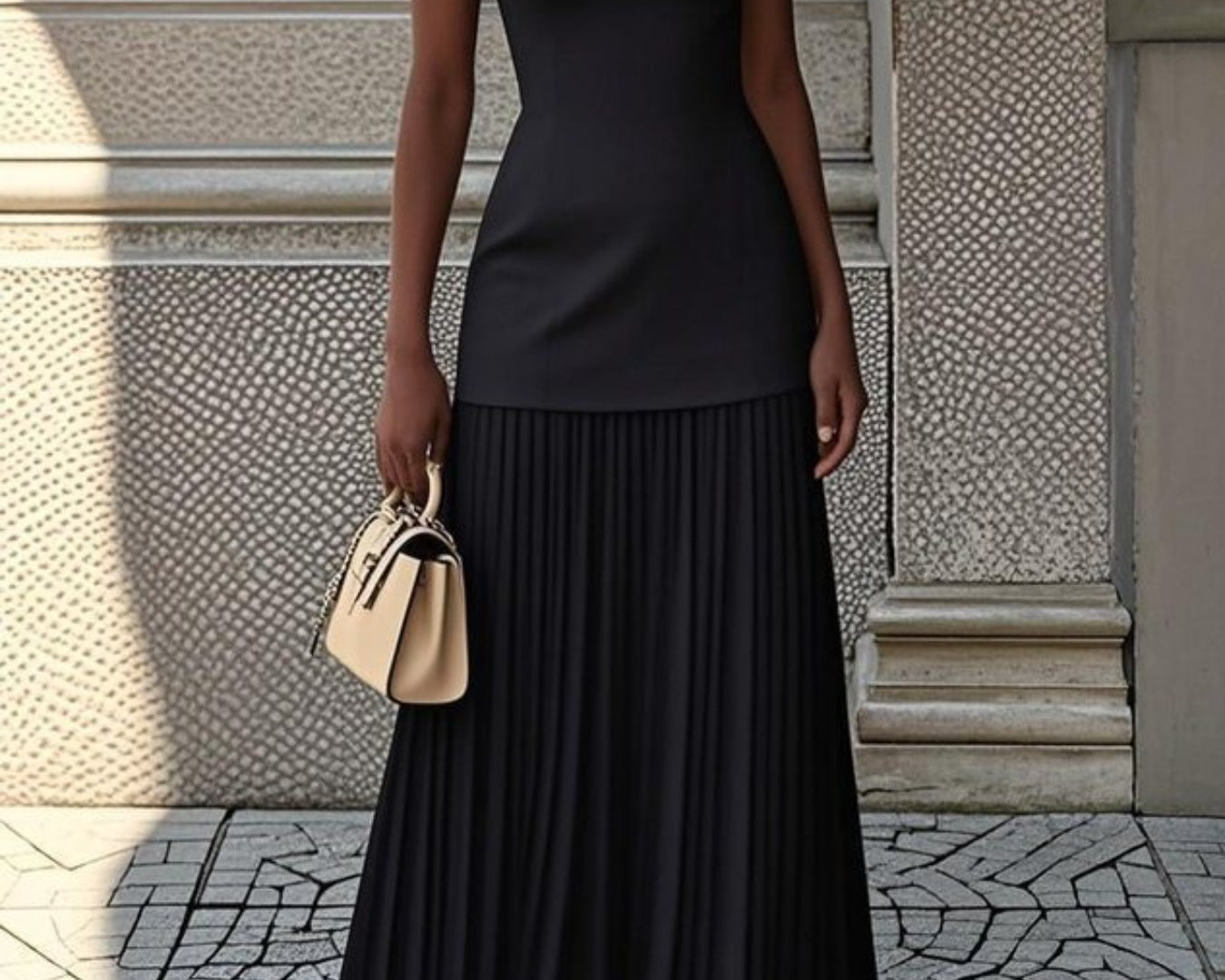NEWYORKLISTED STYLE COLLECTION: Woman wearing a black dress standing on a stone pavement with a light-colored wall in the background.