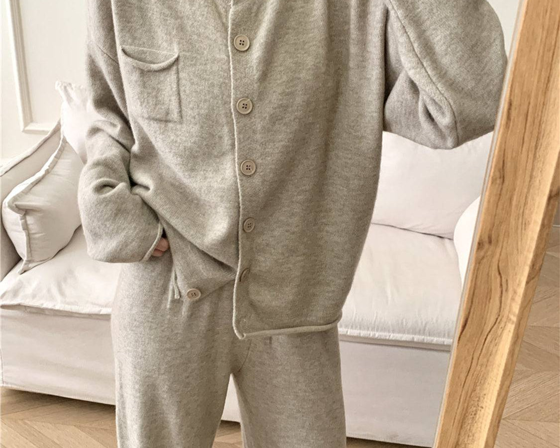 NEWYORKLISTED STYLE COLLECTION: Pocketed Round Neck Button Up Cardigan and Pants Sweater Set - NEWYORKLISTED