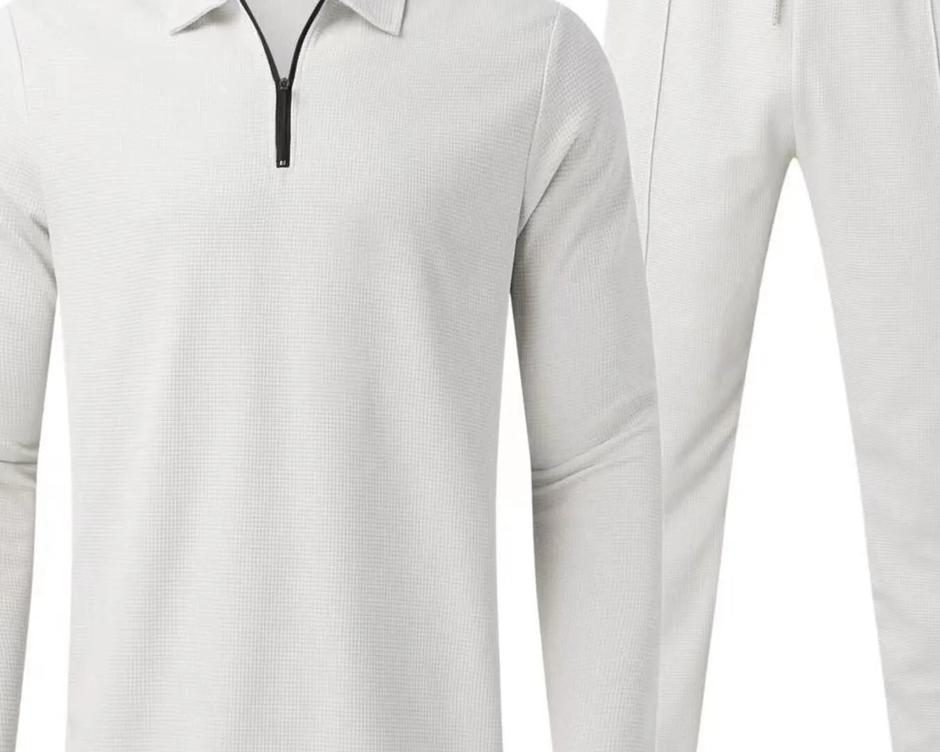 NEWYORKLISTED ATLAS MEN'S COLLECTION: White long-sleeve shirt and pants set on a white background
