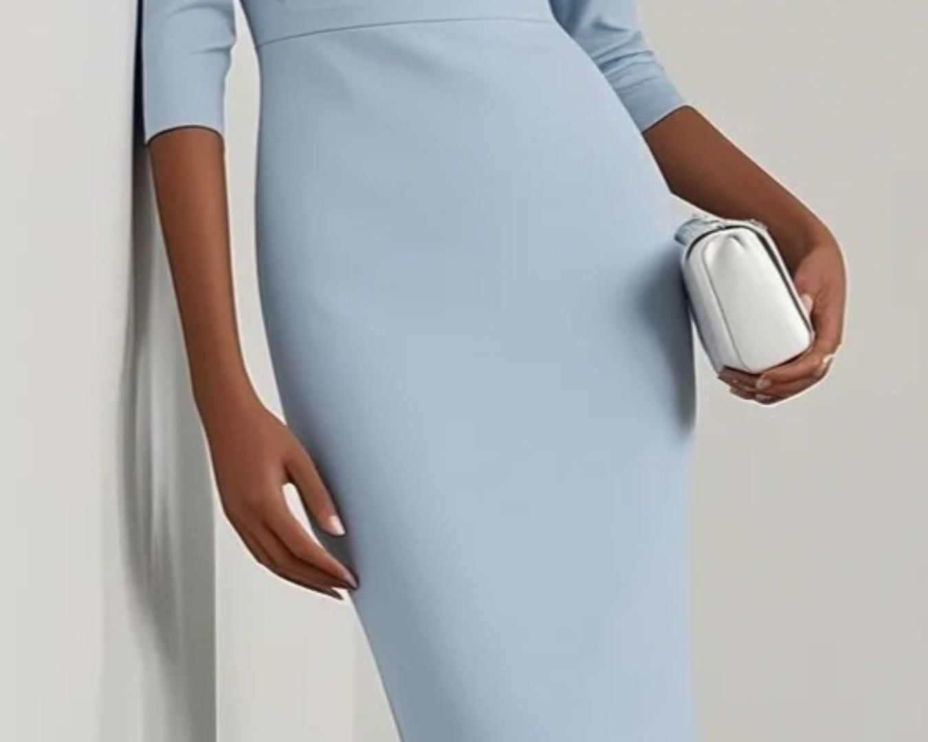 NEWYORKLISTED STYLE COLLECTION: Light blue dress worn by a person against a neutral background