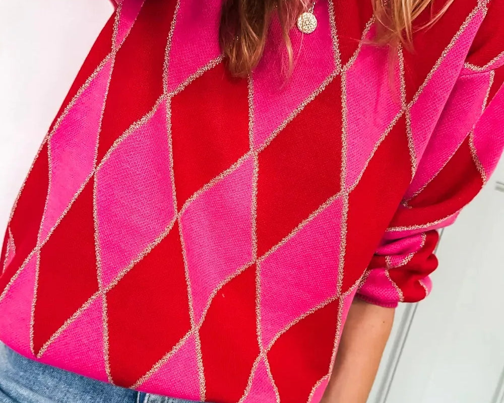 NEWYORKLISTED STYLE COLLECTION: Person wearing a red and pink argyle sweater with a white background