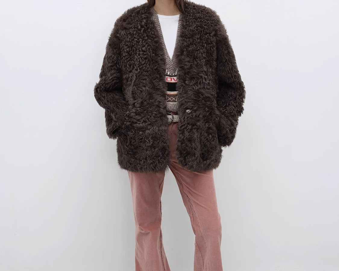 Castle Dusk Fashionable Casual V-Neck Italian Tuscan Sheepskin Coat - NEWYORKLISTED
