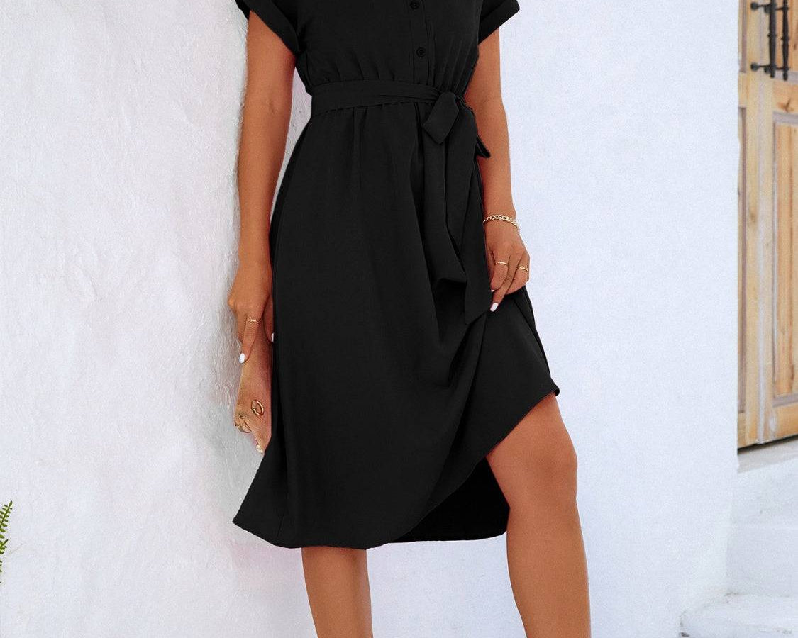 NYLD Buttoned Tie Waist Short Sleeve Dress - NEWYORKLISTED