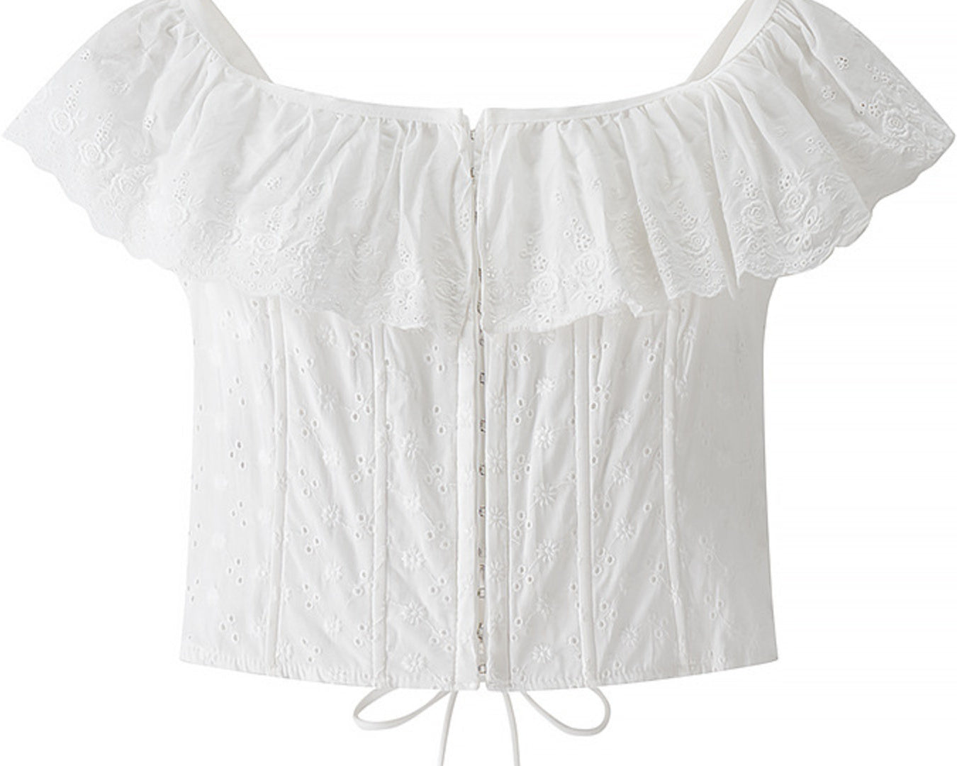NEWYORKLISTED STYLE COLLECTION: White off-shoulder top with ruffled details on a white background