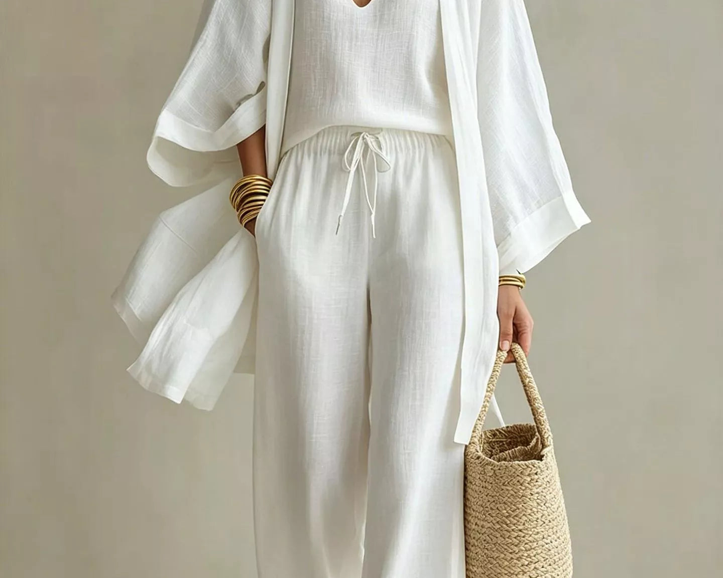 NEWYORKLISTED STYLE COLLECTION: A woman models a white three-piece linen outfit consisting of a V-neck knit top, matching wide-leg trousers with a drawstring, and a draped open-front cardigan. She accessorizes with layered gold necklaces, bracelets, and a woven straw handbag against a neutral beige background.