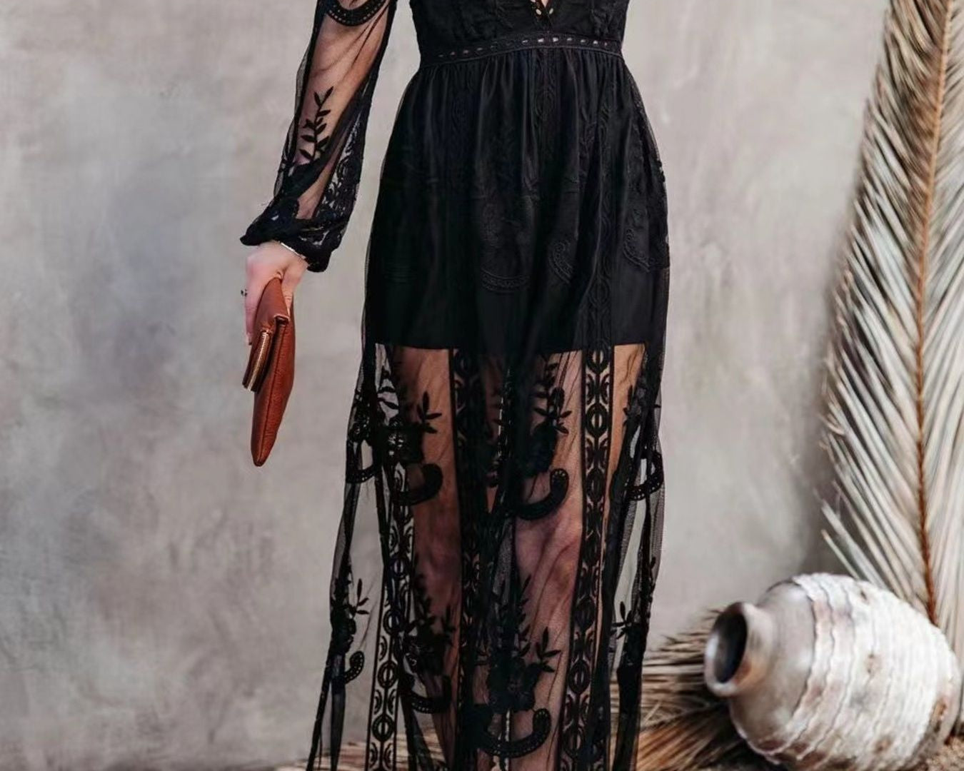 NEWYORKLISTED STYLE COLLECTION: Black lace dress worn by a person against a neutral background