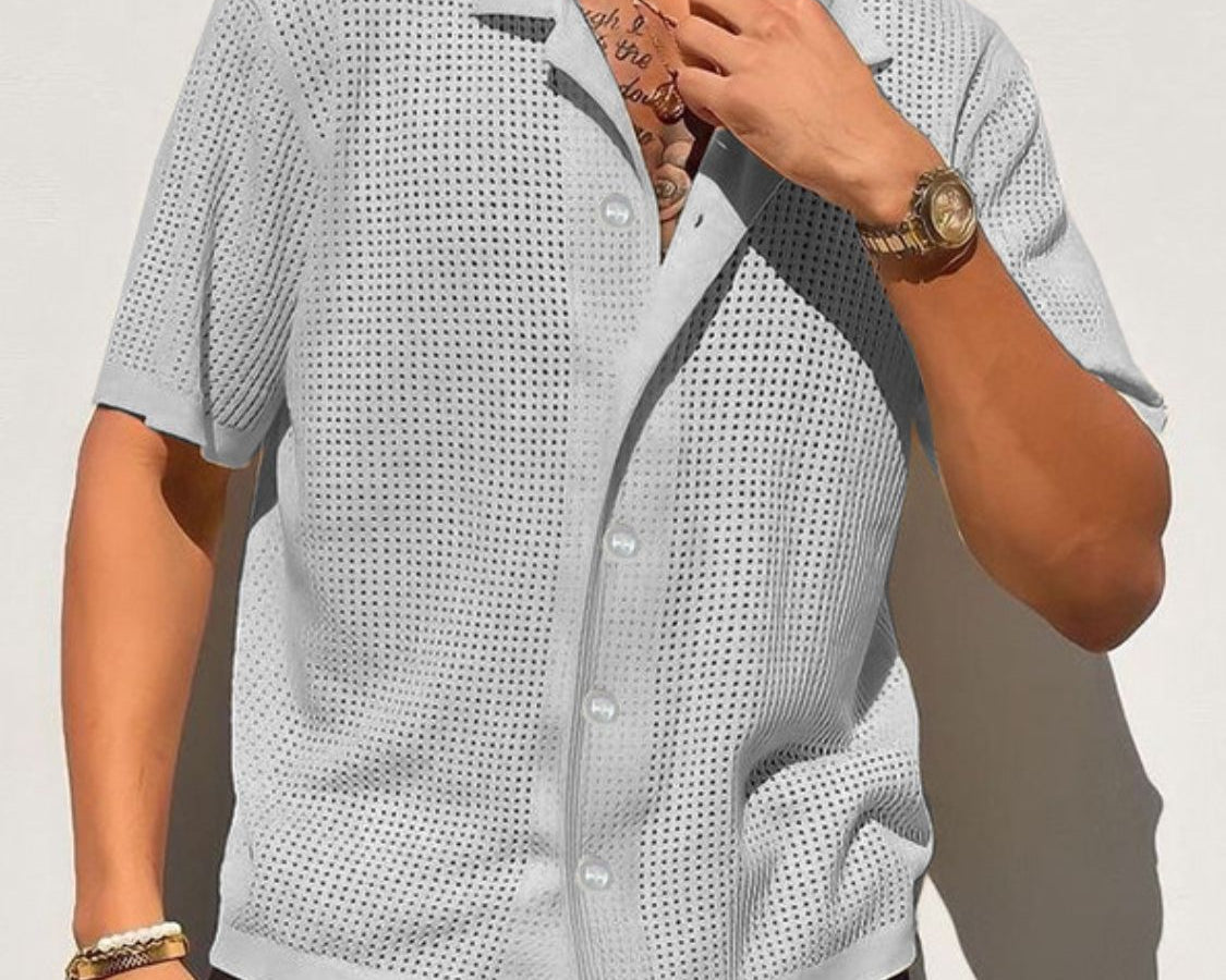 NEWYORKLISTED ATLAS MEN’S COLLECTION: Men’s Full Size Openwork Button Down Collared Neck Shirt – Breezy Sophistication for Every Size in Gray