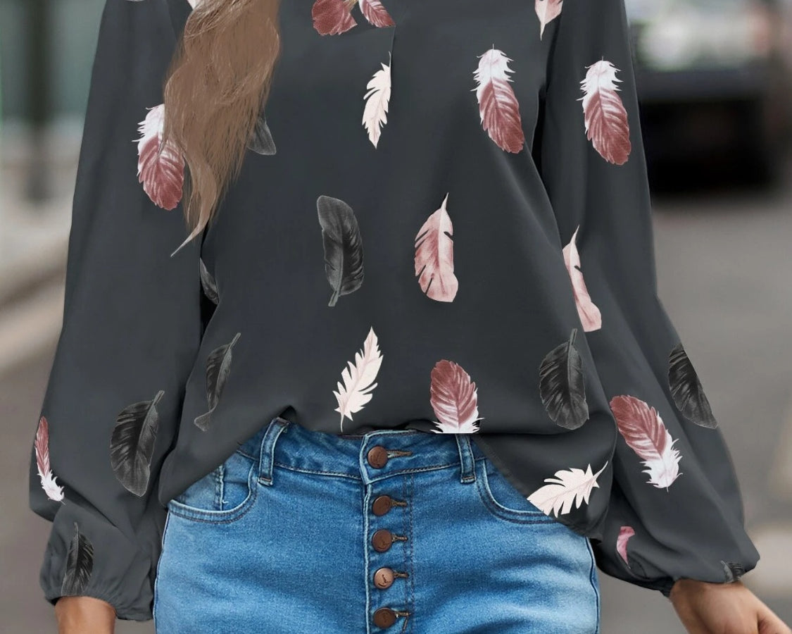 NEWYORKLISTED STYLE COLLECTION: Feather Print Balloon Sleeve Top - NEWYORKLISTED