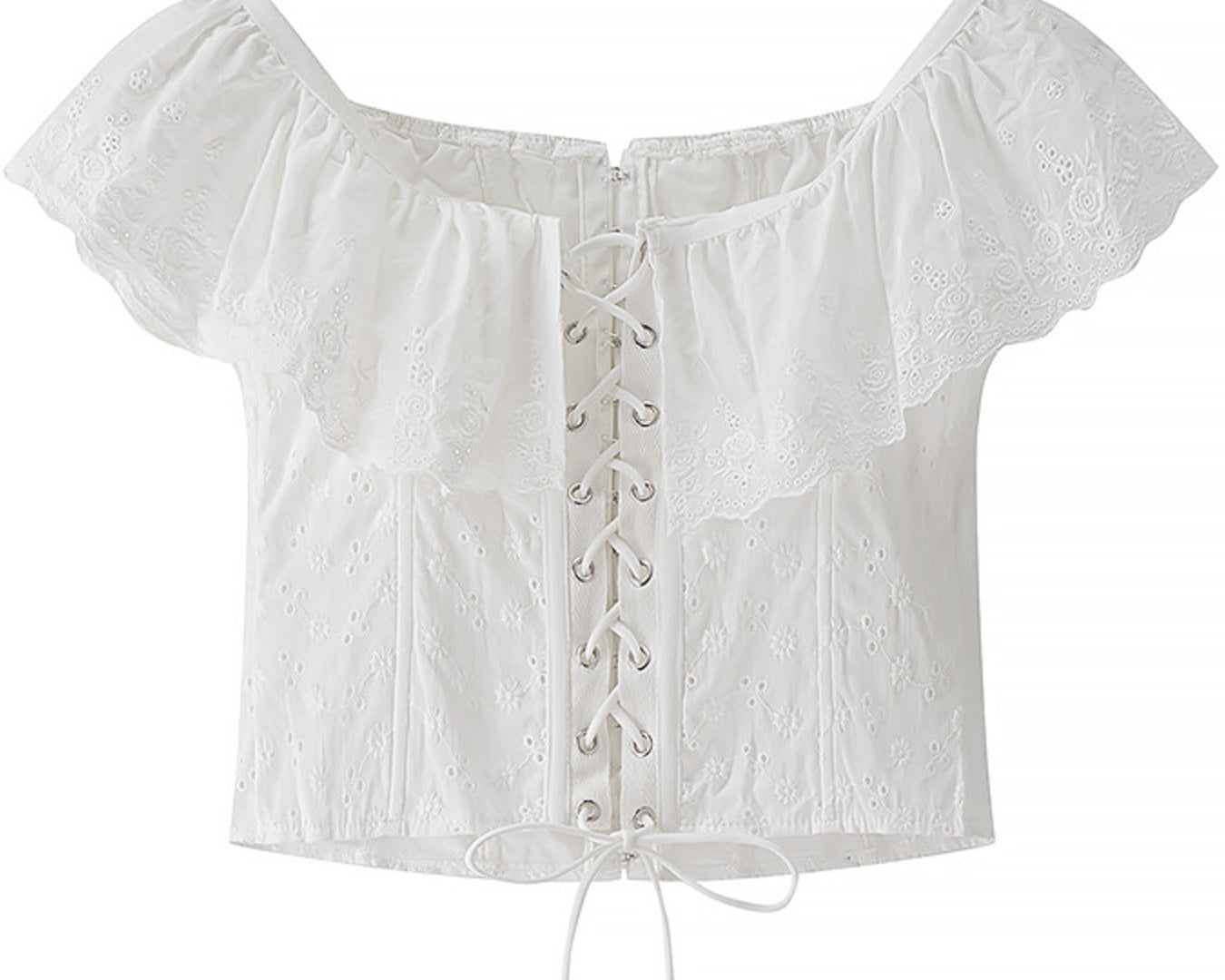 NEWYORKLISTED STYLE COLLECTION: White off-shoulder top with lace-up front on a white background
