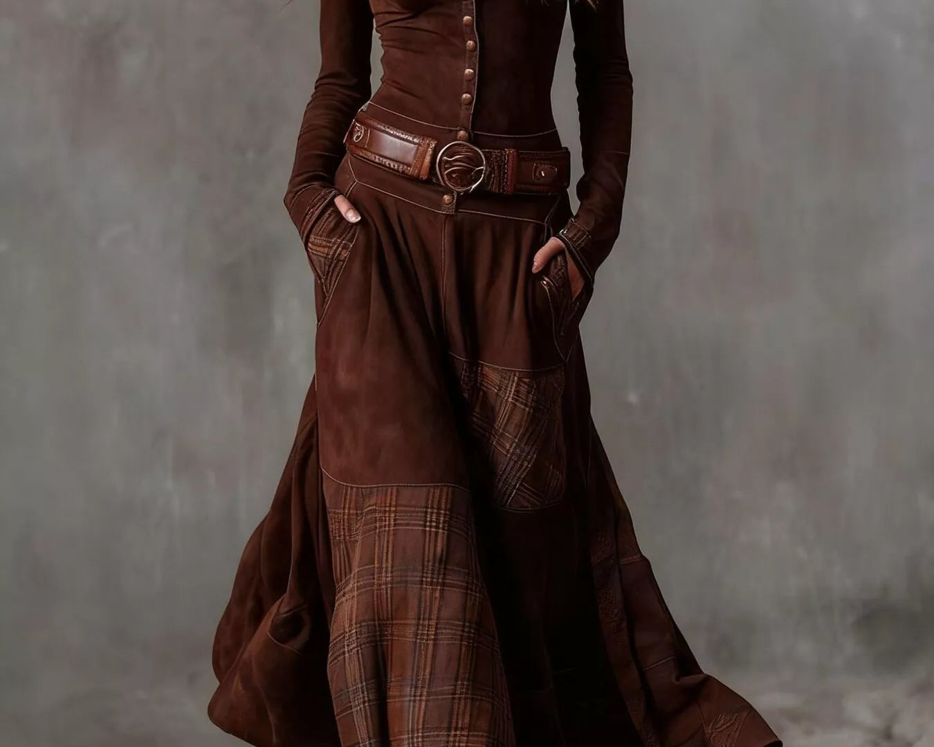 NEWYORKLISTED Style Collection: Woman wearing a long brown dress with a belt against a gray background