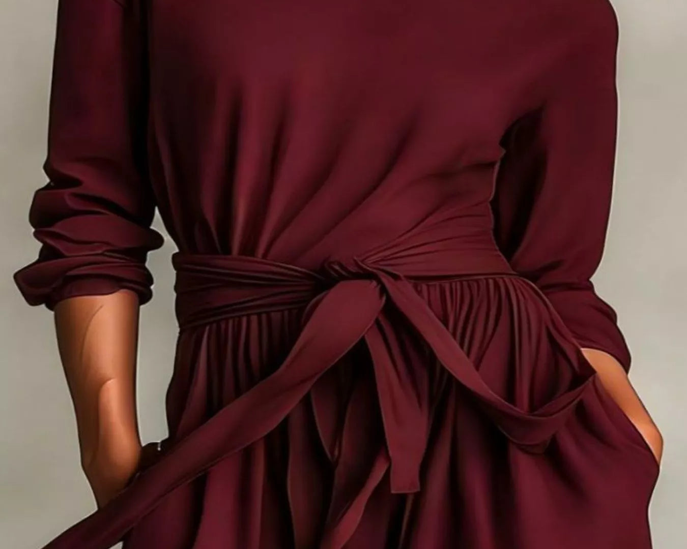 NEWYORKLISTED STYLE COLLECTION: Maroon dress with a tie waist worn by a person on a neutral background