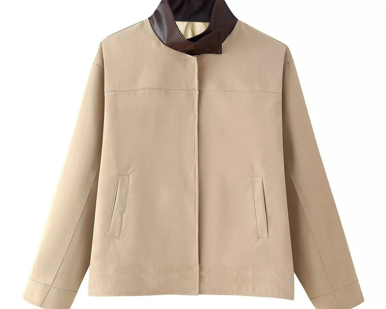 NEWYORKLISTED STYLE COLLECTION Beige jacket with a brown collar on a white background