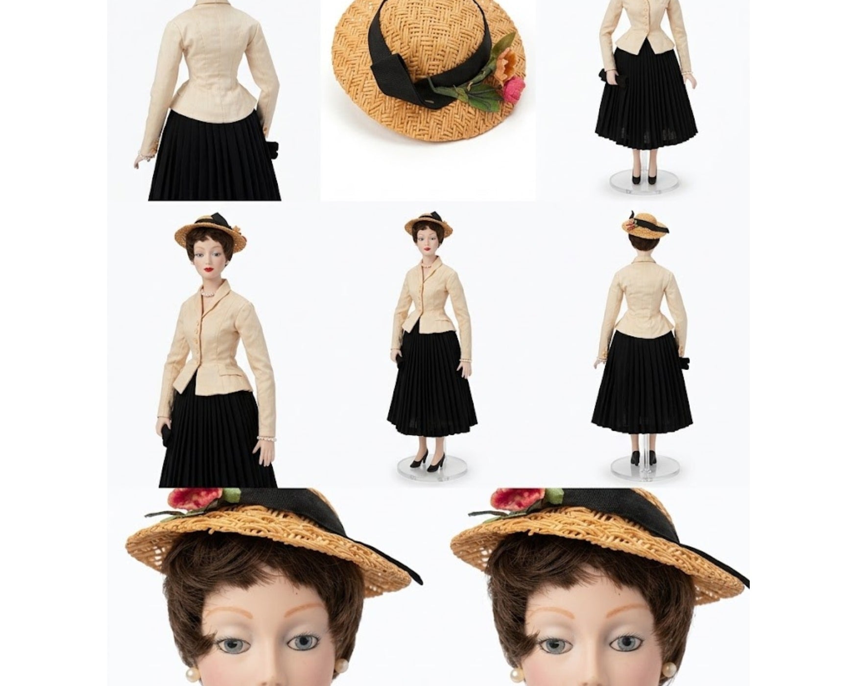 Vintage Dior fashion doll with authentic 1940s boater hat and pearl accessories by NEWYORKLISTED UNIQUE FINDS COLLECTION