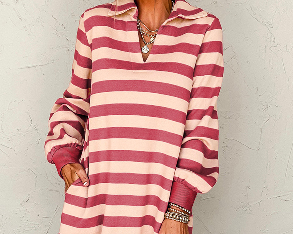 NEWYOKLISTED STYLE COLLECTION: Striped Johnny Collar Long Sleeve Mini Dress - NEWYORKLISTED