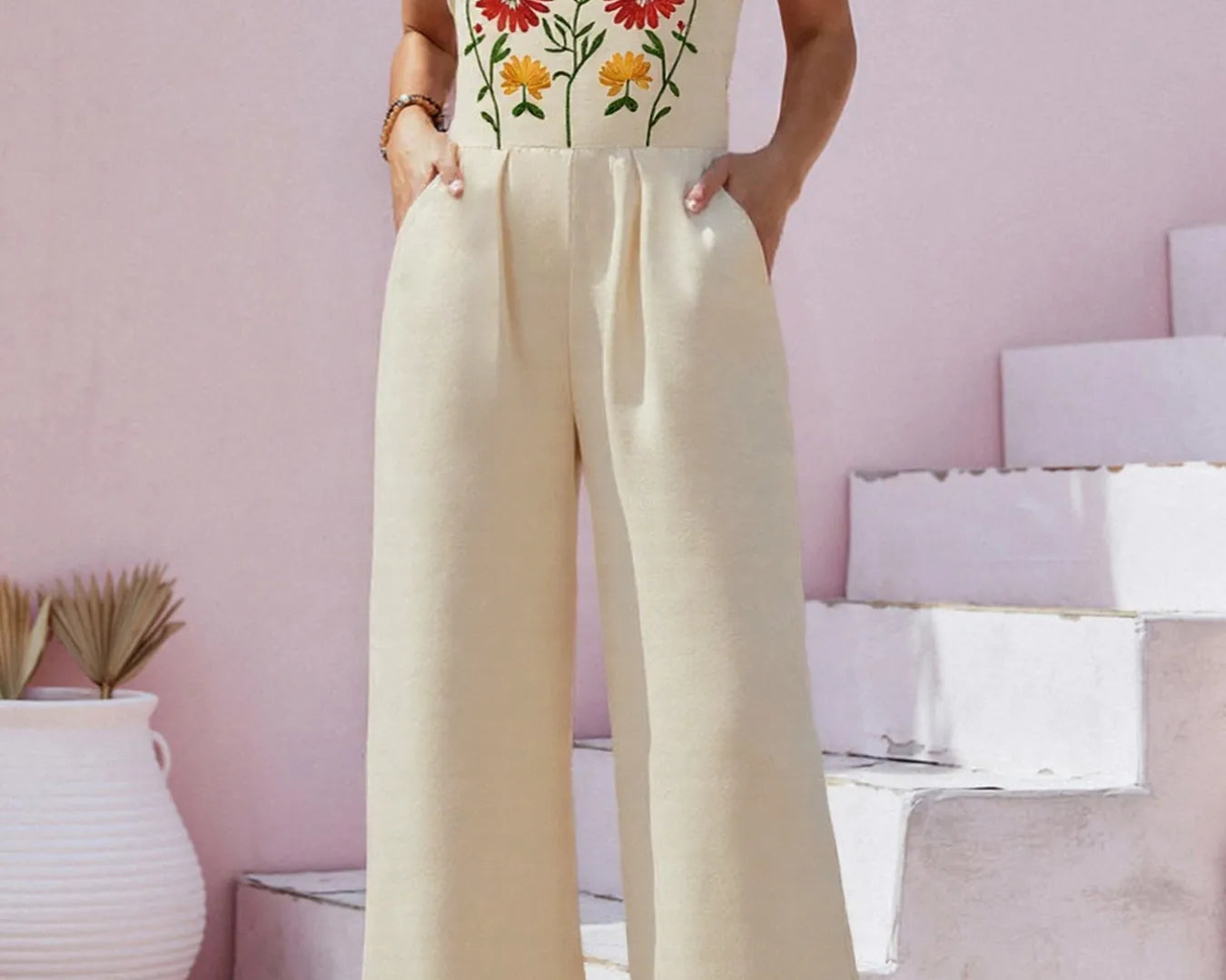 NEWYORKLISTED STYLE COLLECTION: Floral Embroidered Wide Leg Jumpsuit – Modern Elegance Meets Boho Charm in Tan