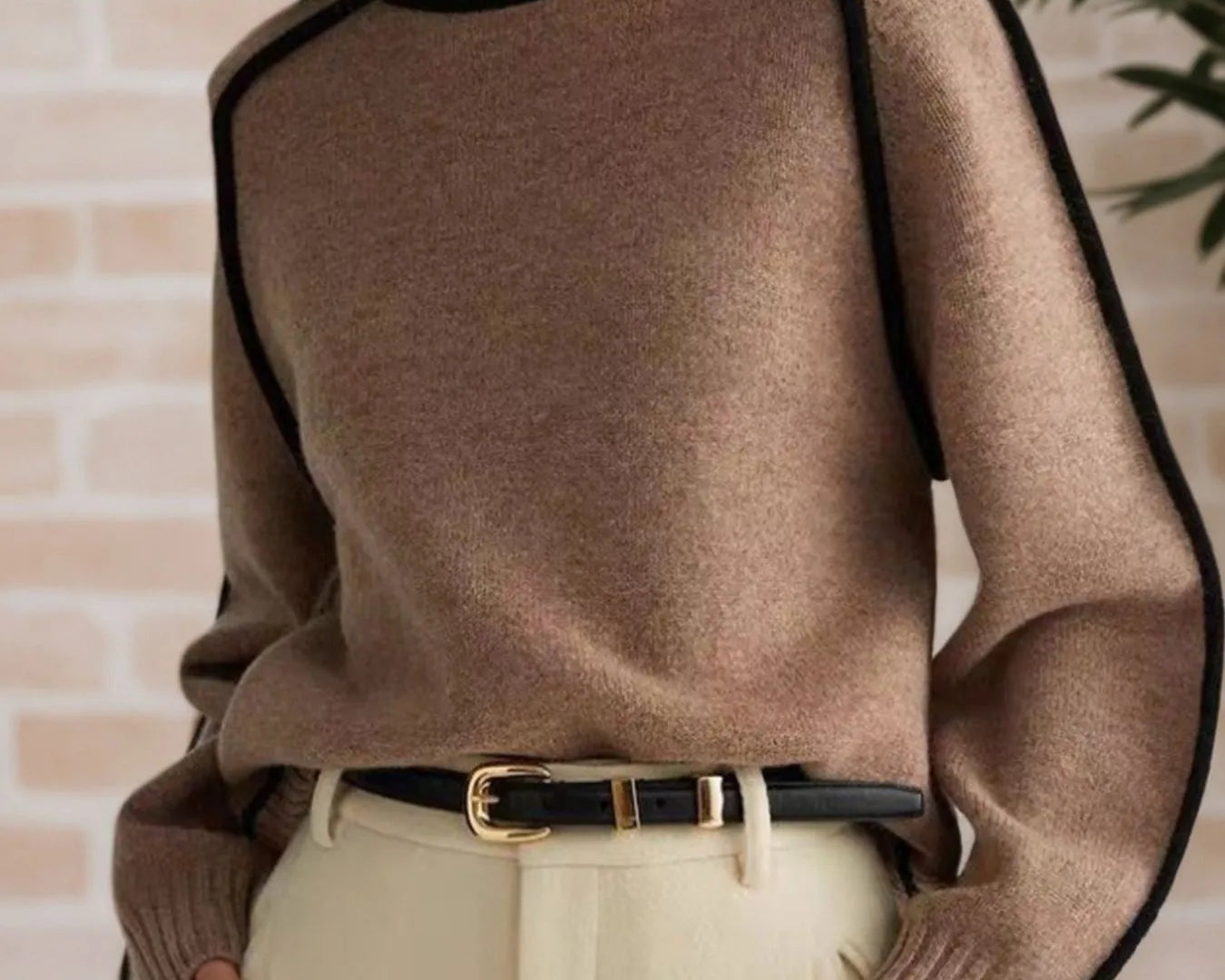 Person wearing a brown sweater with black accents against a light brick wall.