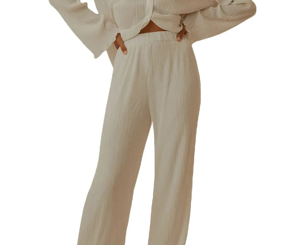 NEWYORKLISTED Intimate Apparel Collection: Beige outfit with a shirt and pants on a white background