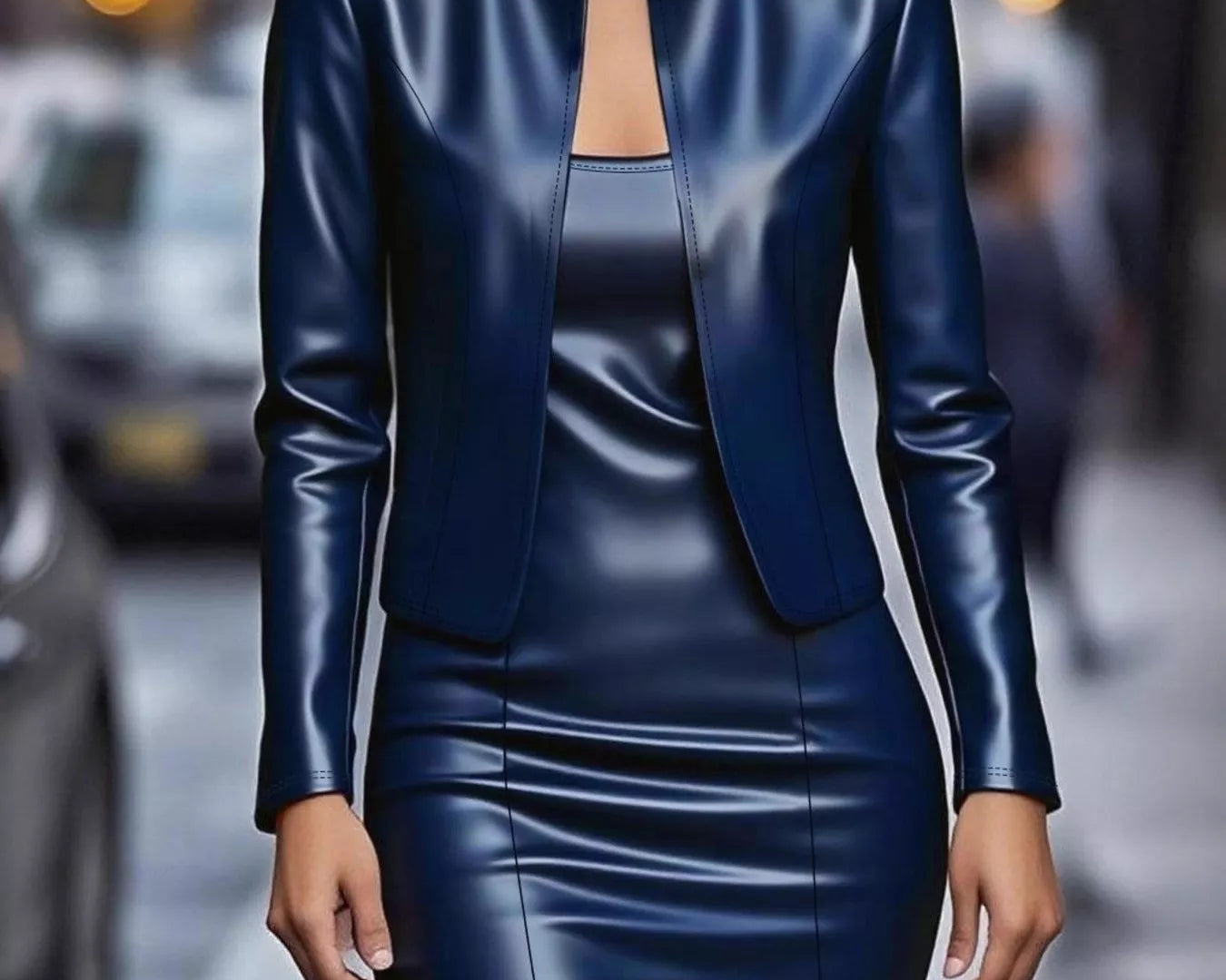 NEWYORKLISTED STYLE COLLECTION: Woman wearing a blue leather outfit on a city street.
