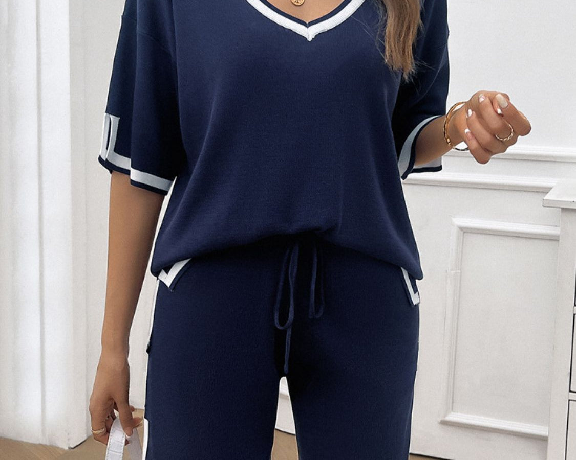 NYLD: Contrast Trim V-Neck Top and Shorts Set - NEWYORKLISTED