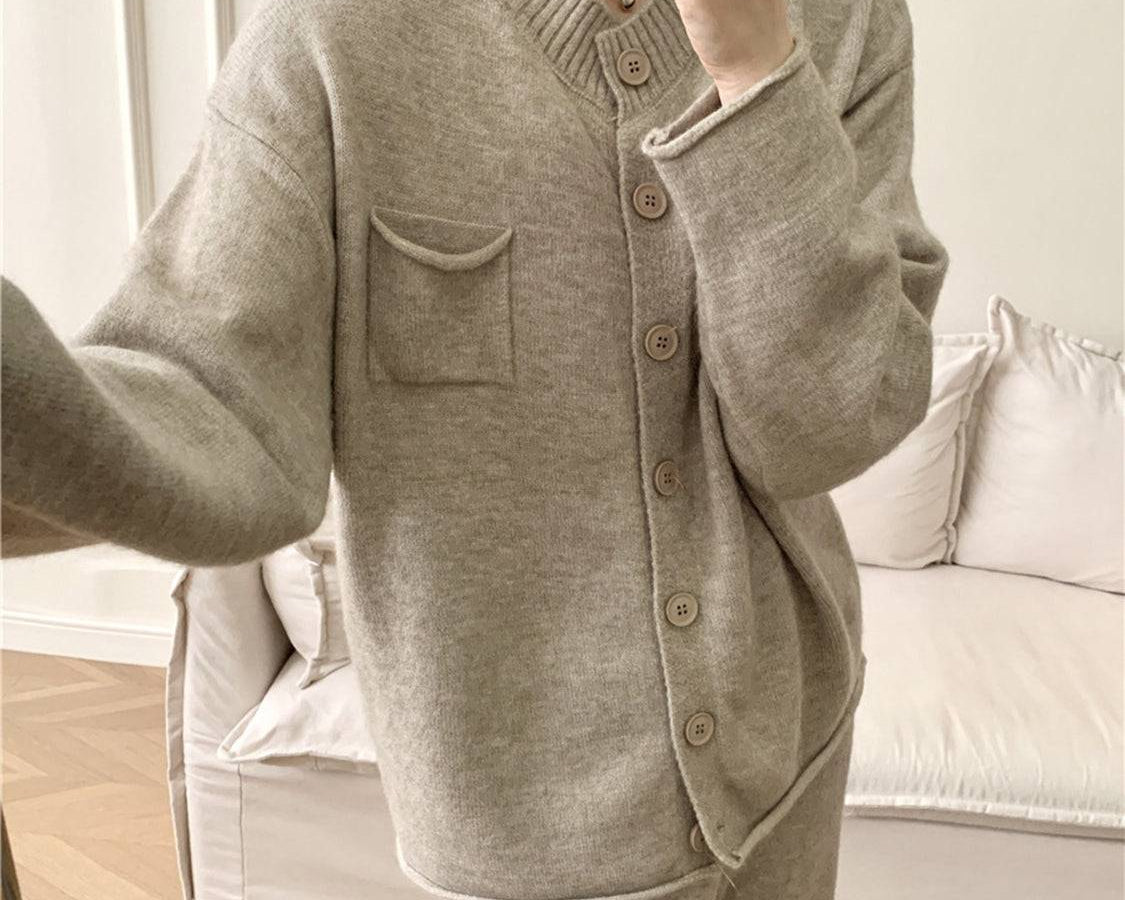NEWYORKLISTED STYLE COLLECTION: Pocketed Round Neck Button Up Cardigan and Pants Sweater Set - NEWYORKLISTED