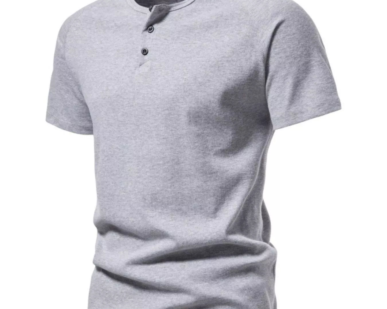 NEWYORKLISTED ATLAS MEN'S COLLECTION: Gray short-sleeve henley shirt on a white background