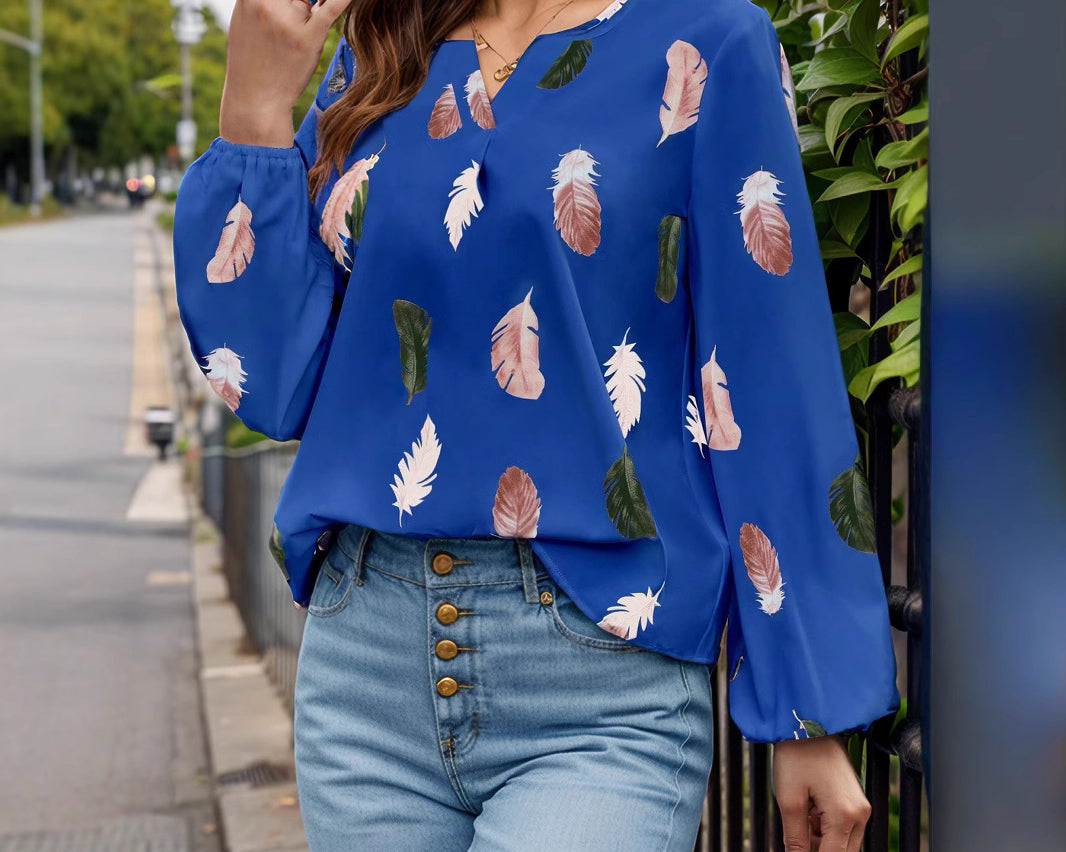 NEWYORKLISTED STYLE COLLECTION: Feather Print Balloon Sleeve Top - NEWYORKLISTED
