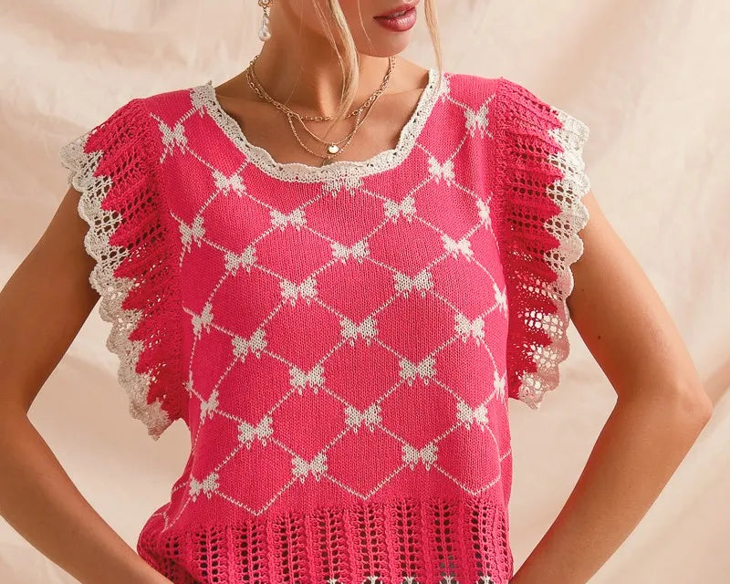 NEWYORKLISTED STYLE COLLECTION: Feminine Bow Knit Sweater Top with Back Keyhole Detail