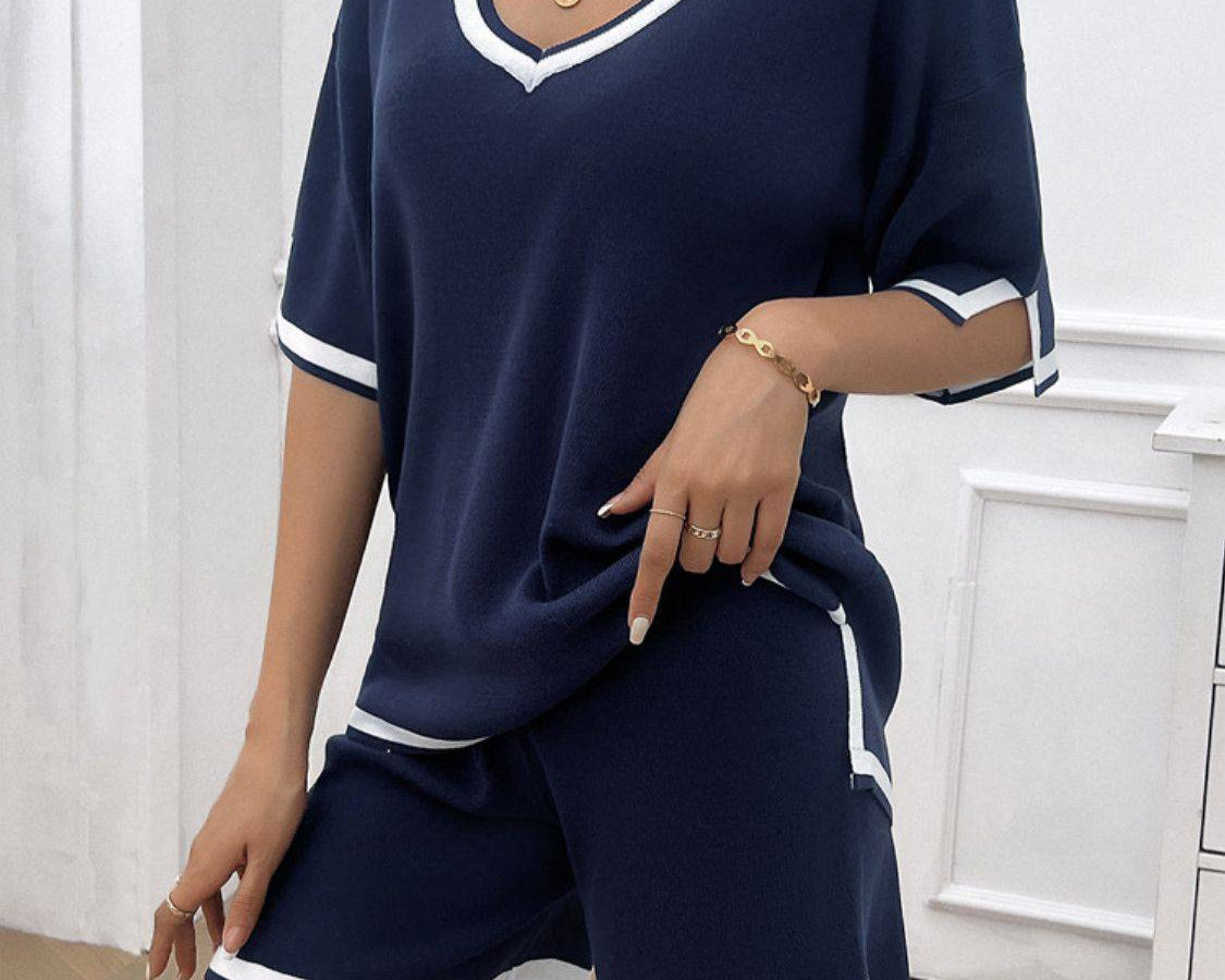 NYLD: Contrast Trim V-Neck Top and Shorts Set - NEWYORKLISTED