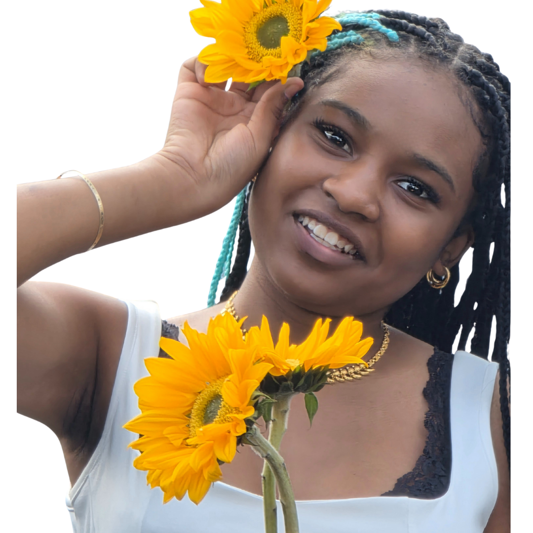 AMLA NATURALS: Woman holding sunflowers with a white background