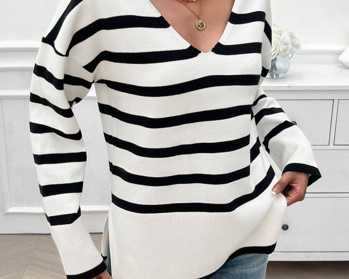 NYLD Striped V-Neck Long Sleeve Knit Top - NEWYORKLISTED