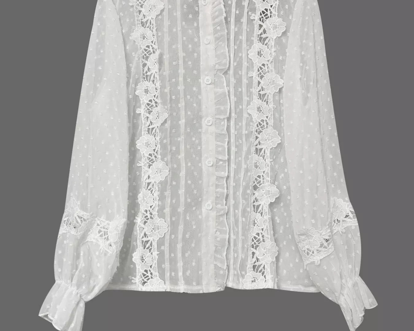 NEWYORKLISTED STYLE COLLECTION: White lace blouse on a hanger against a gray background