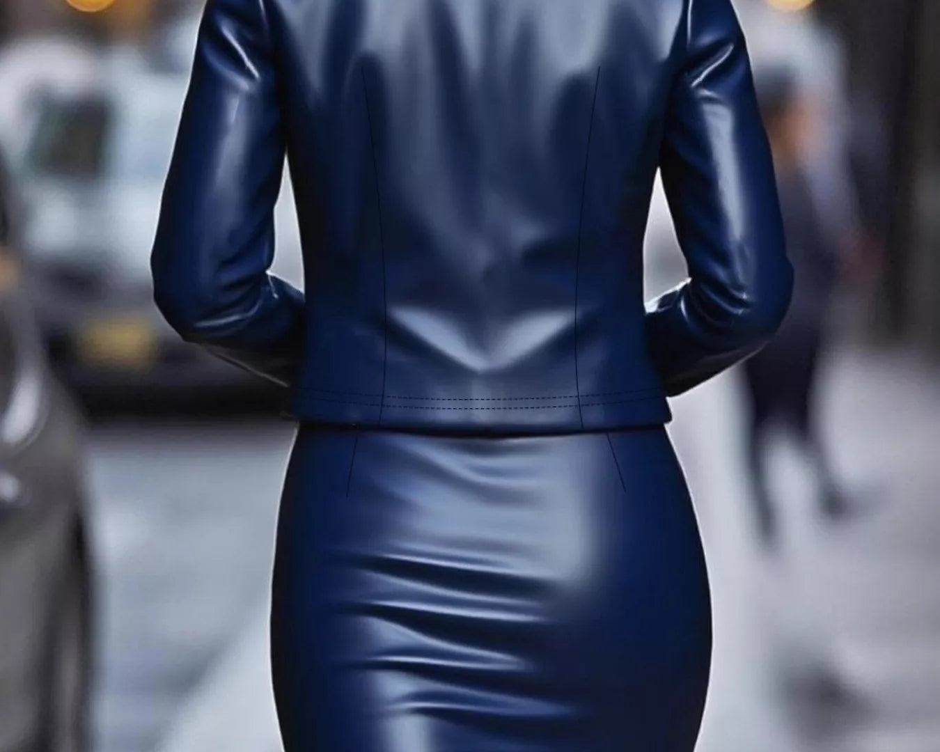 NEWYORKLISTED STYLE COLLECTION: Person wearing a blue leather outfit walking on a city street.