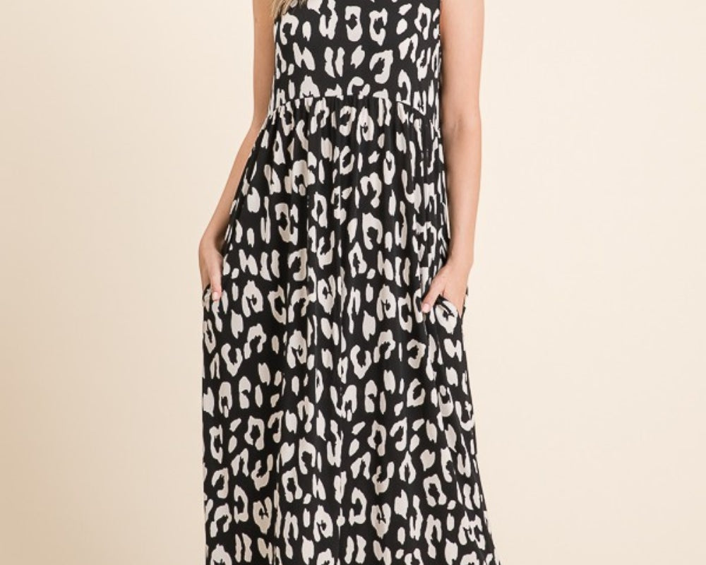 NEWYORKLISTED STYLE COLLECTION: Leopard Print Shirring Waist Maxi Dress with Pockets
