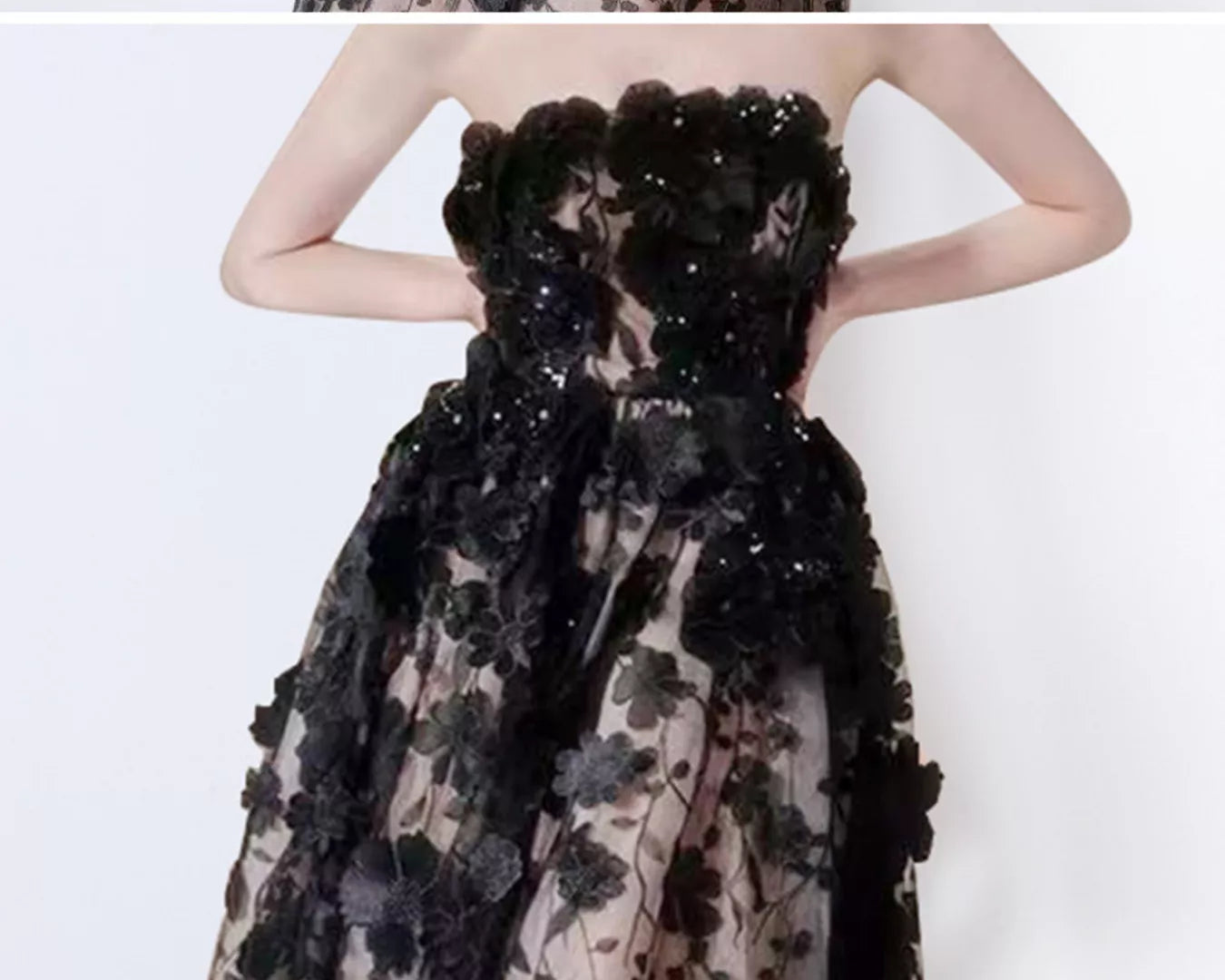 NEWYORKLISTED STYLE COLLECTION: Black floral dress with sheer overlay on a white background