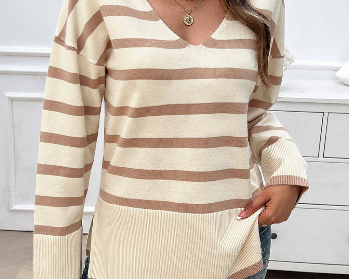 NYLD Striped V-Neck Long Sleeve Knit Top - NEWYORKLISTED