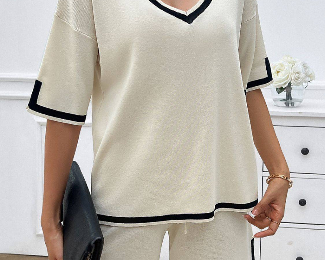 NYLD: Contrast Trim V-Neck Top and Shorts Set - NEWYORKLISTED