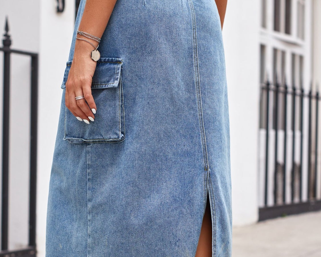 Slit Buttoned Denim Skirt with Pockets - NEWYORKLISTED