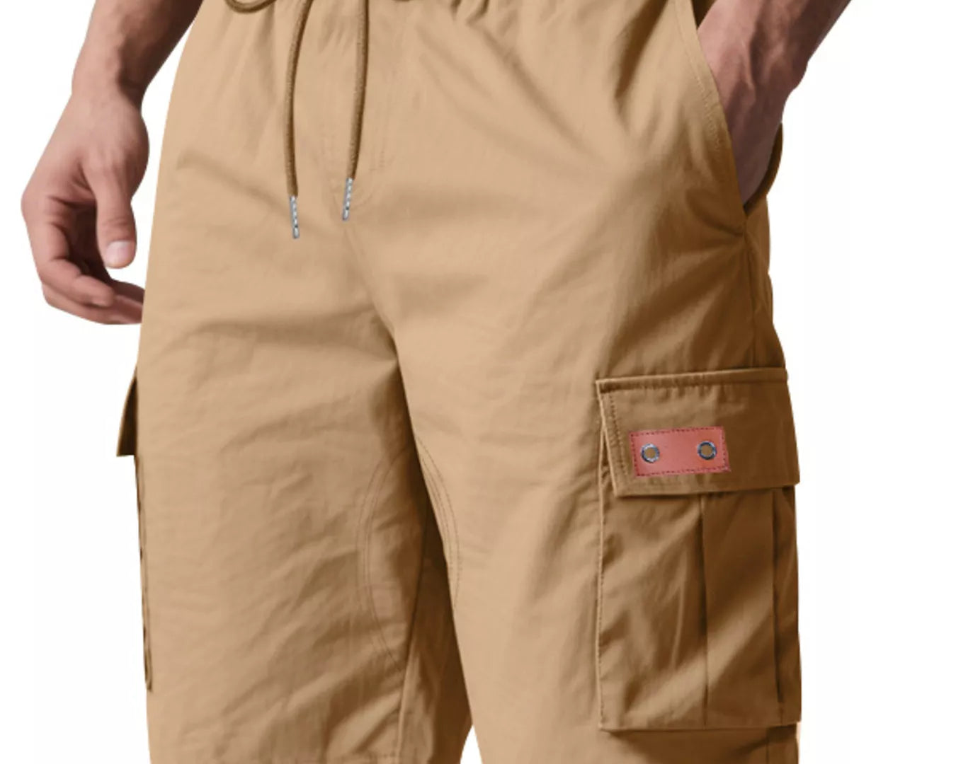 NEWYORKLISTED ATLAS MEN'S COLLECTION: Beige cargo shorts with a drawstring on a white background
