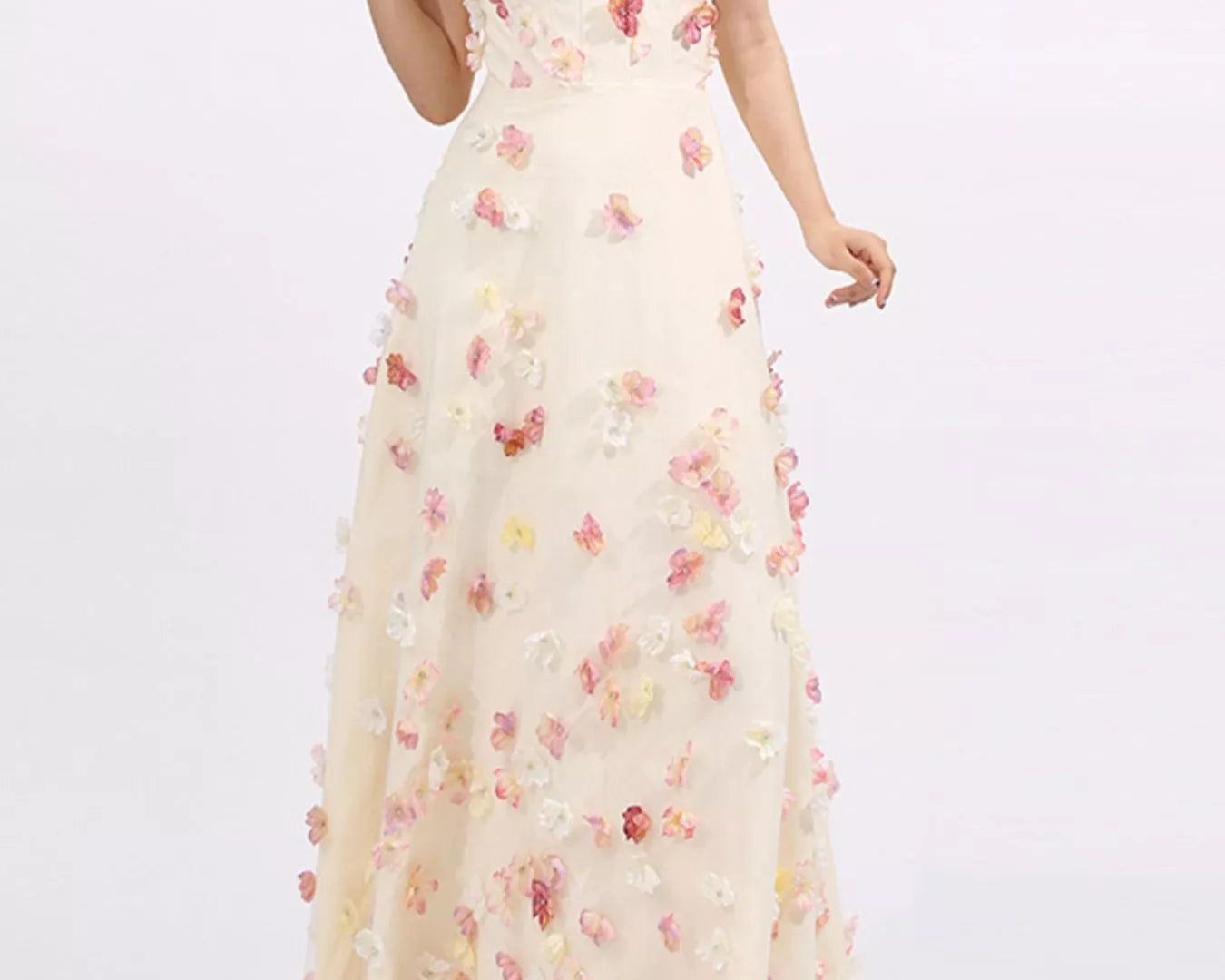 NEWYORKLISTED STYLE COLLECTION: White strapless gown with floral embellishments on a white background