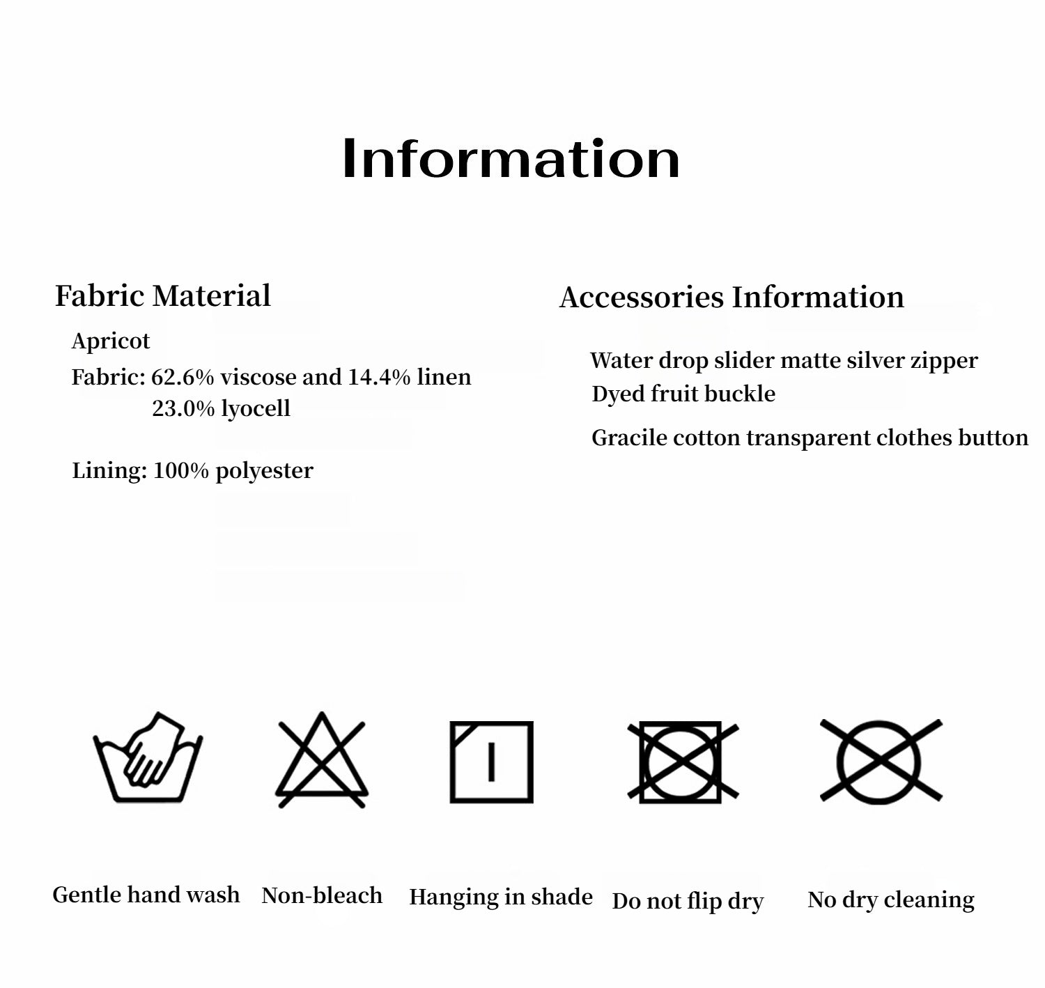 Textual information sheet with fabric material details and accessories information on a white background.