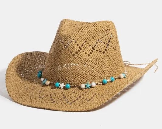 NEWYORKLISTED STYLE COLLECTION: Turquoise & Shell Star Beads Strap Western Straw Hat