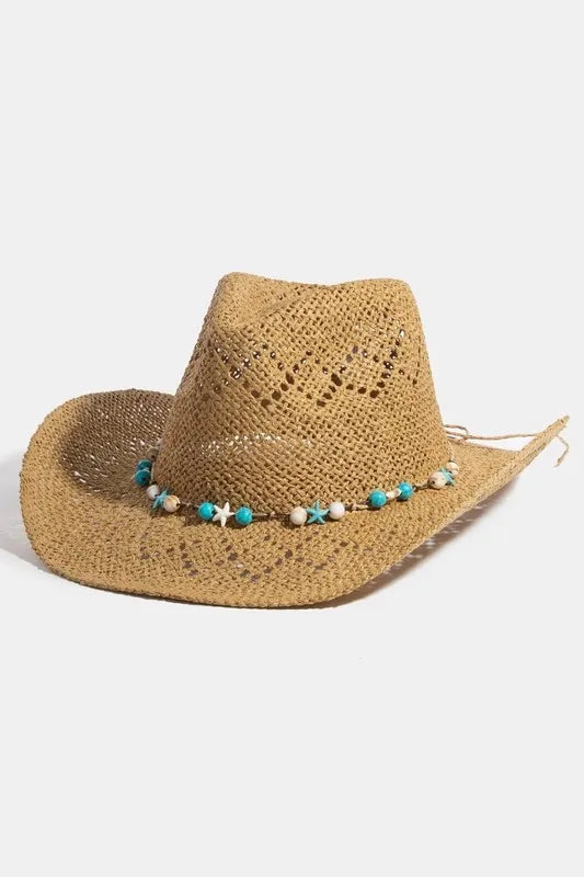 NEWYORKLISTED STYLE COLLECTION: Turquoise & Shell Star Beads Strap Western Straw Hat