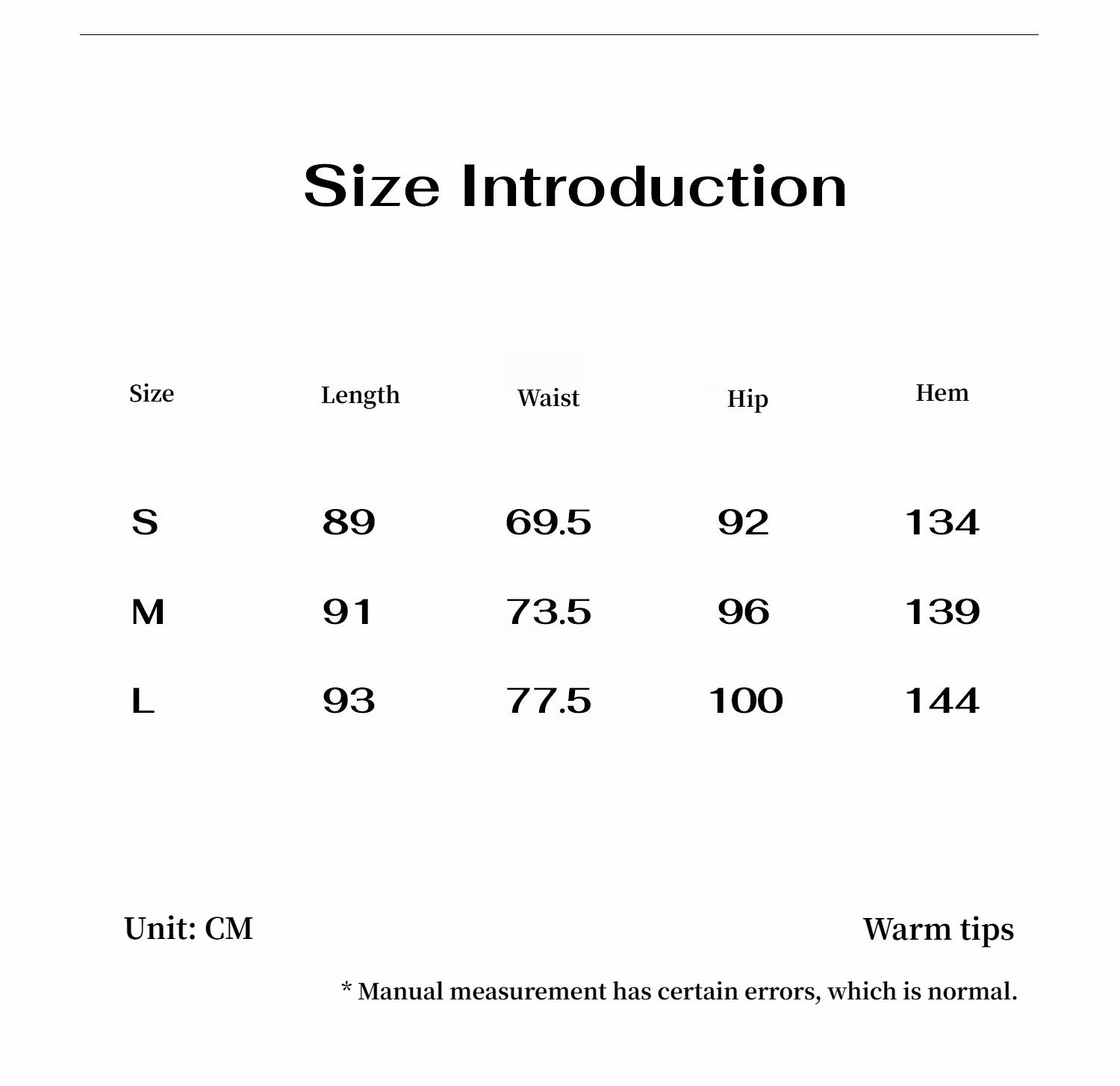 Size chart with measurements in centimeters for clothing items.