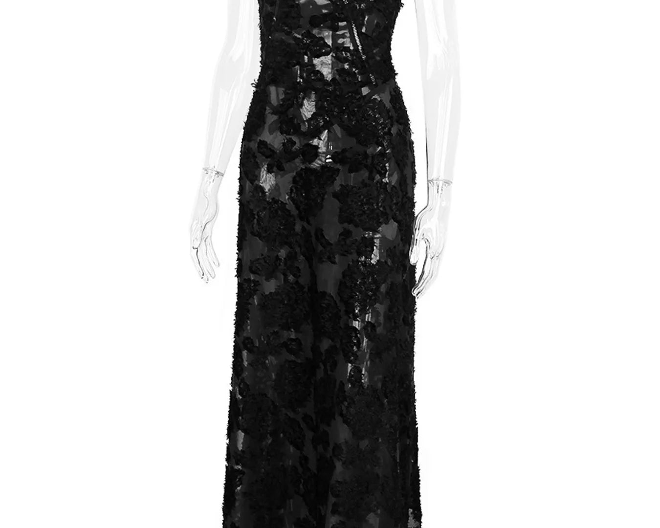 NEWYORKLISTED STYLE COLLECTION: Black floral dress on a mannequin against a white background