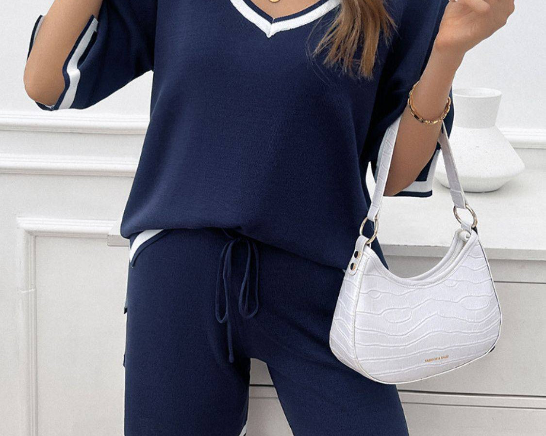 NYLD: Contrast Trim V-Neck Top and Shorts Set - NEWYORKLISTED