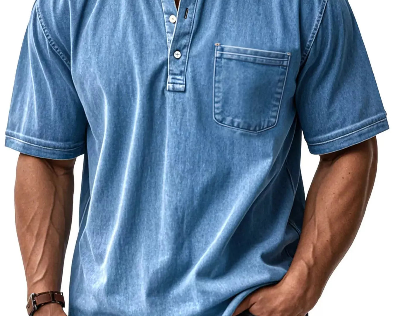 NEWYORKLISTED ATLAS MEN'S COLLECTION: Man wearing a blue denim shirt with a pocket on a white background