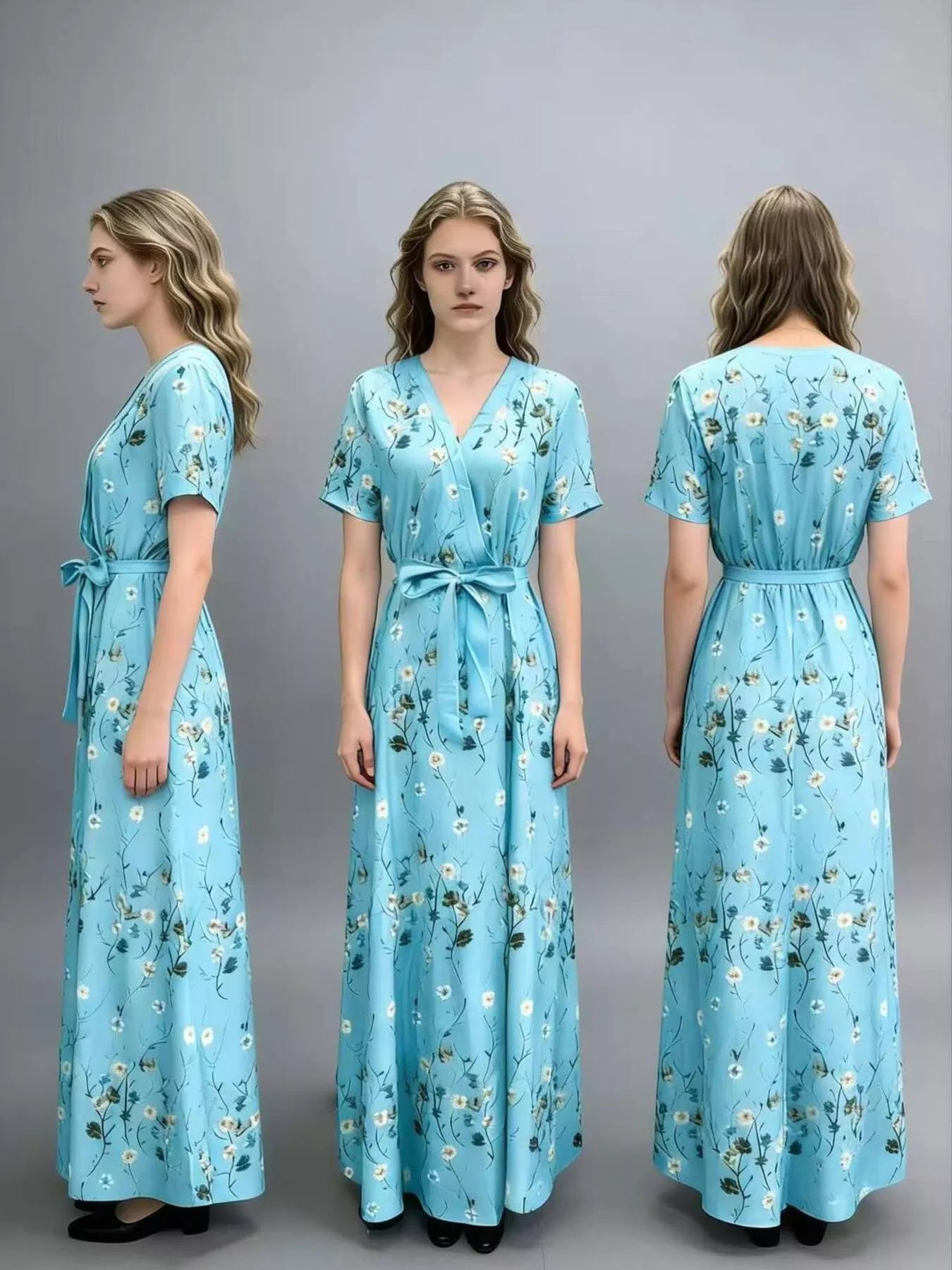 NEWYORKLISTED STYLE COLLECTION: Woman wearing a blue floral dress from front, side, and back views on a gray background